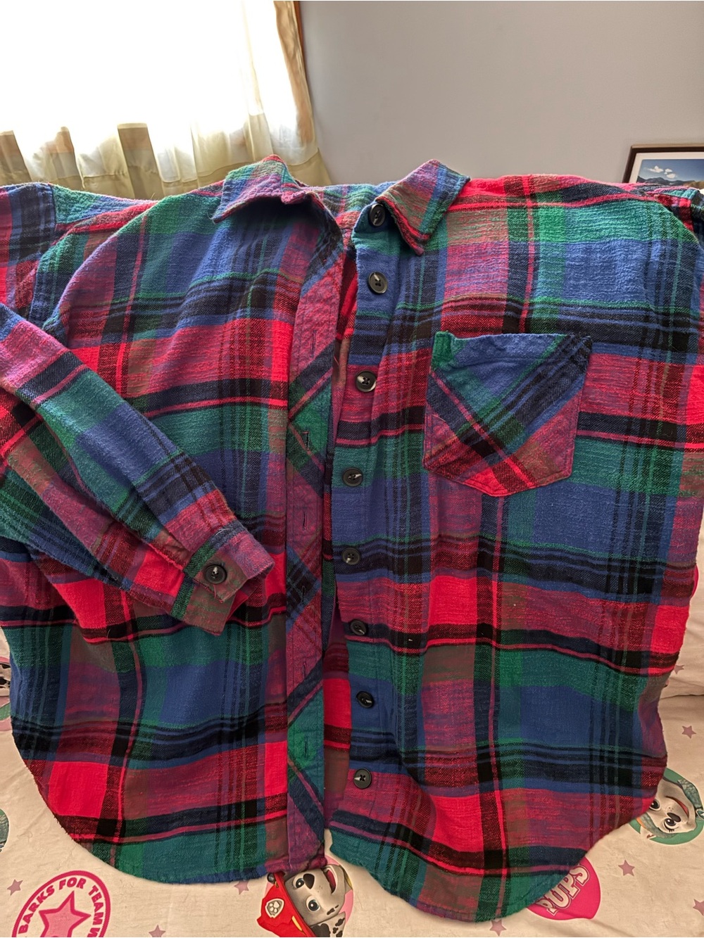 Womens Red, Blue & Green Plaid Button-Up Shirt